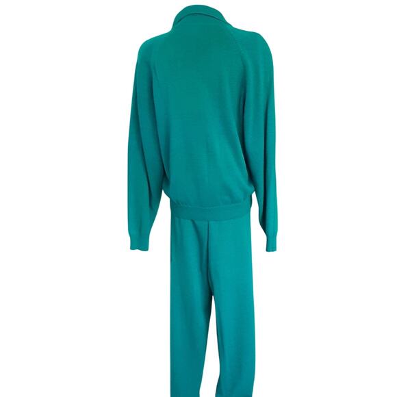 Vintage 80s Collared Crop Sweater + Straight Leg Knit Pants Set Aqua Womens L/XL - Picture 4 of 10